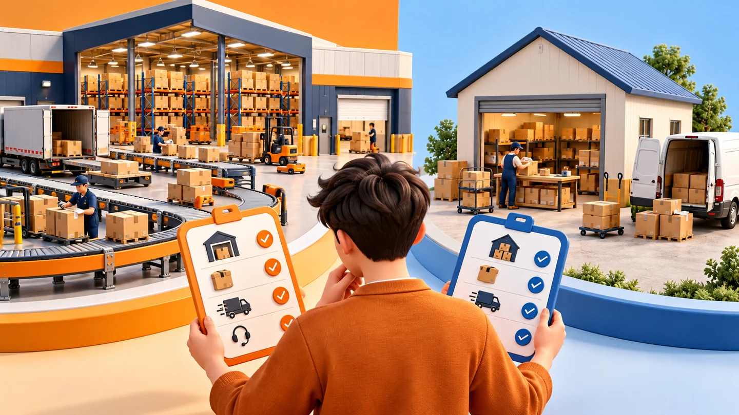 Amazon FBA 和 FBM 怎么选?先看履约责任,再算费用、库存与现金流主题插画,非平台界面截图