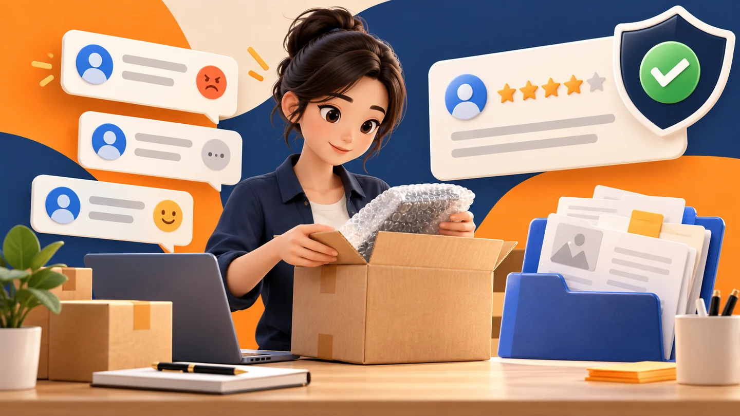 Amazon 商品评价、卖家反馈与账户健康怎么区分?先处理事实,再解决售后主题插画,非平台界面截图