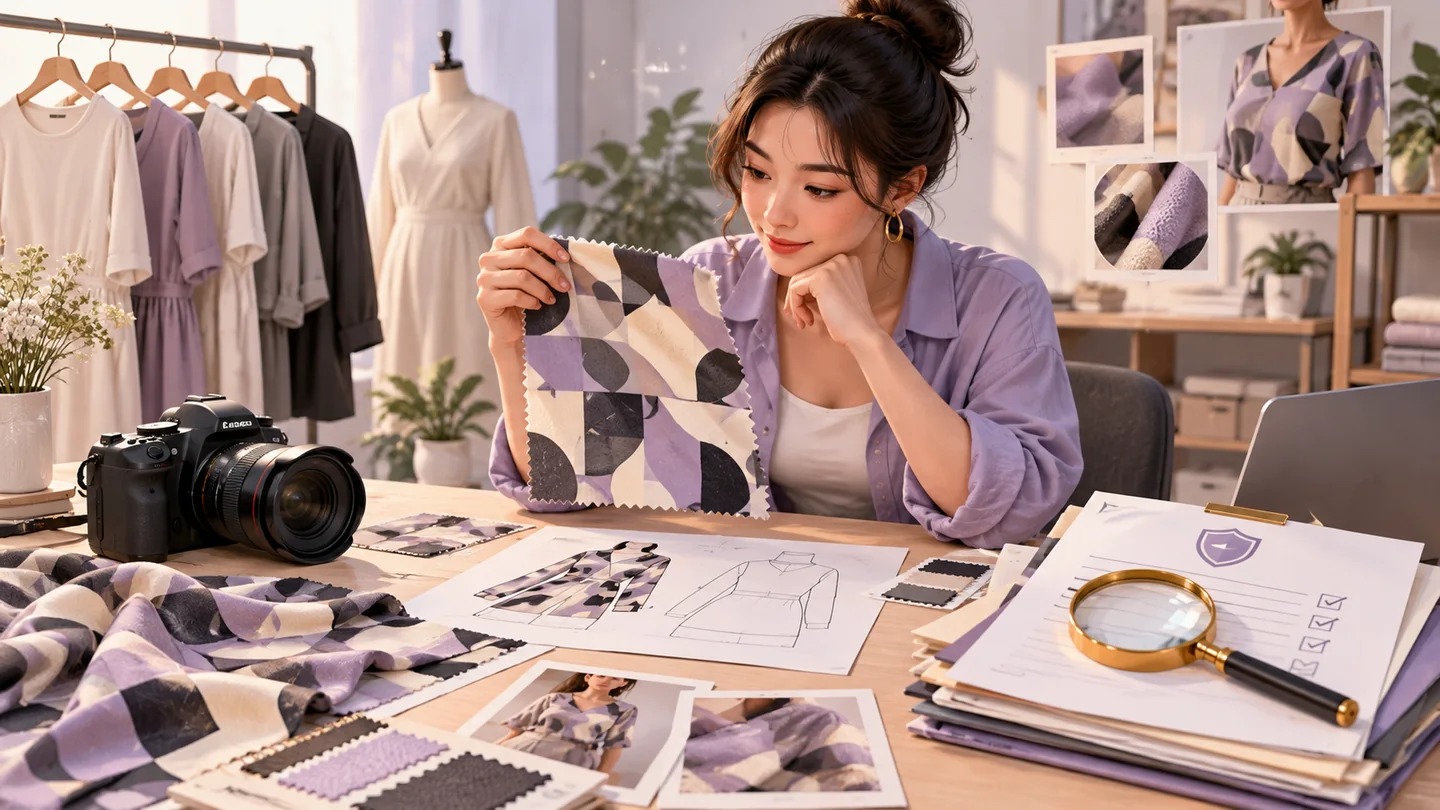 SHEIN 怎么避免侵权?服装印花、设计、模特图与商品文案排查主题插画,非平台界面截图