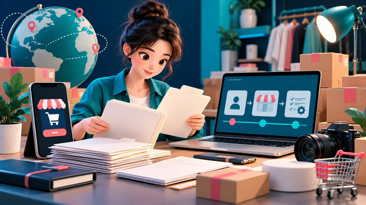 中国卖家怎么做 TikTok Shop?先分清内容账号、卖家店铺与市场资格主题插画,非平台界面截图