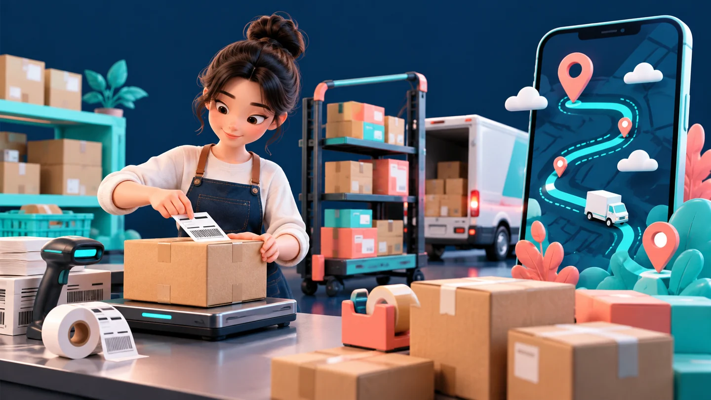 TikTok Shop 出单后怎么发货?从商品 SKU 到承运接收、轨迹与售后证据主题插画,非平台界面截图