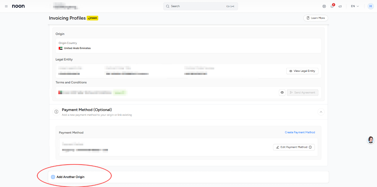 Invoicing Profiles 页面底部的 Add Another Origin