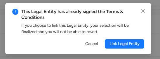 已签条款时显示的 Link Legal Entity 确认弹窗