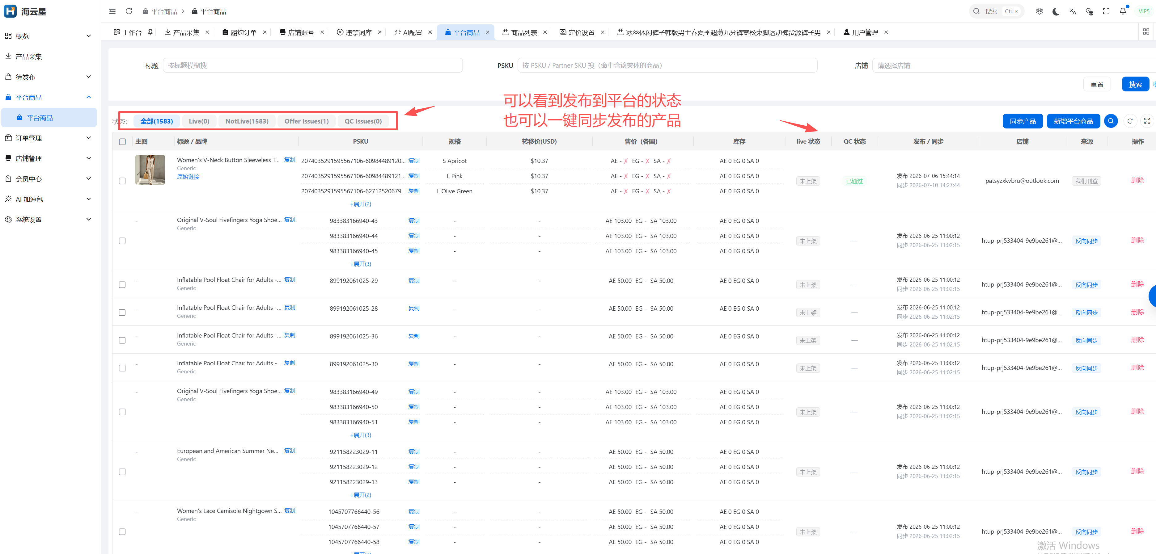 海云星 ERP 的商品状态同步界面截图