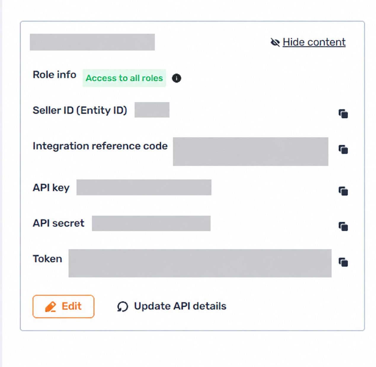Trendyol 集成凭证卡片（脱敏）：Seller ID (Entity ID)、API key 和 API secret 的位置